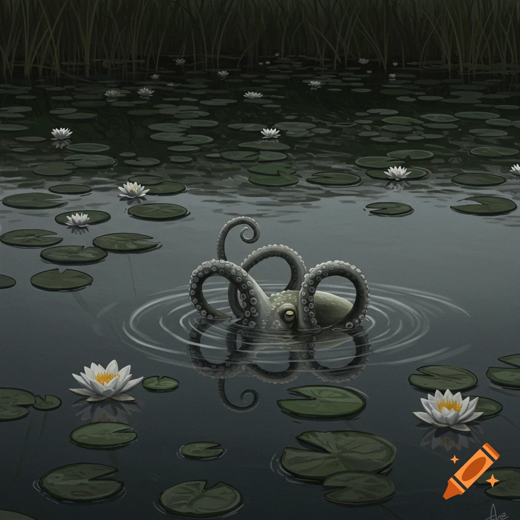 An illustrative scene of an octopus emerging from a dark pond surrounded by lily pads and white water lilies.