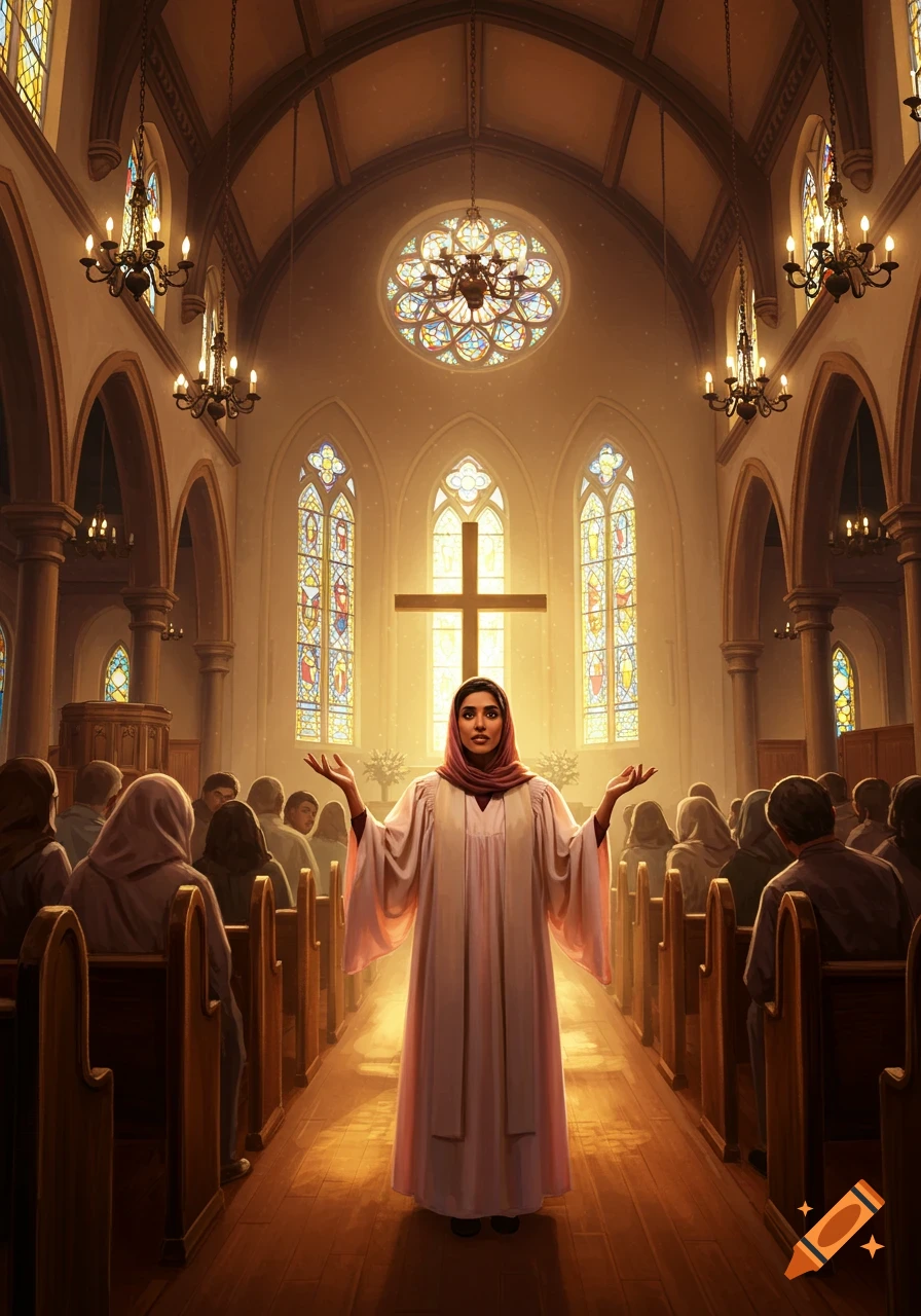 A woman in a headscarf and robe preaches in a sunlit church, arms raised, with a congregation and large cross in the background.