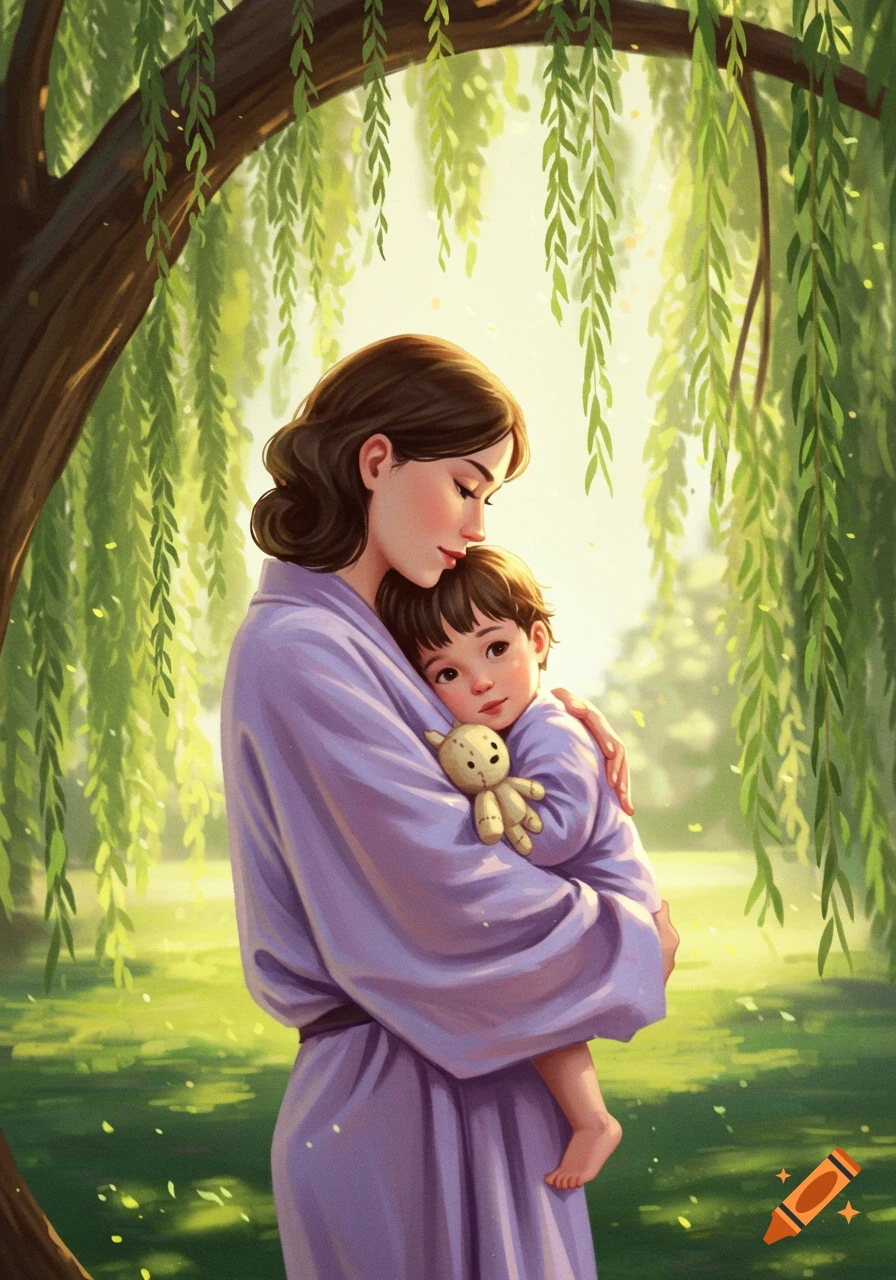 Digital painting of a mother tenderly embracing her child under a sunlit weeping willow tree.