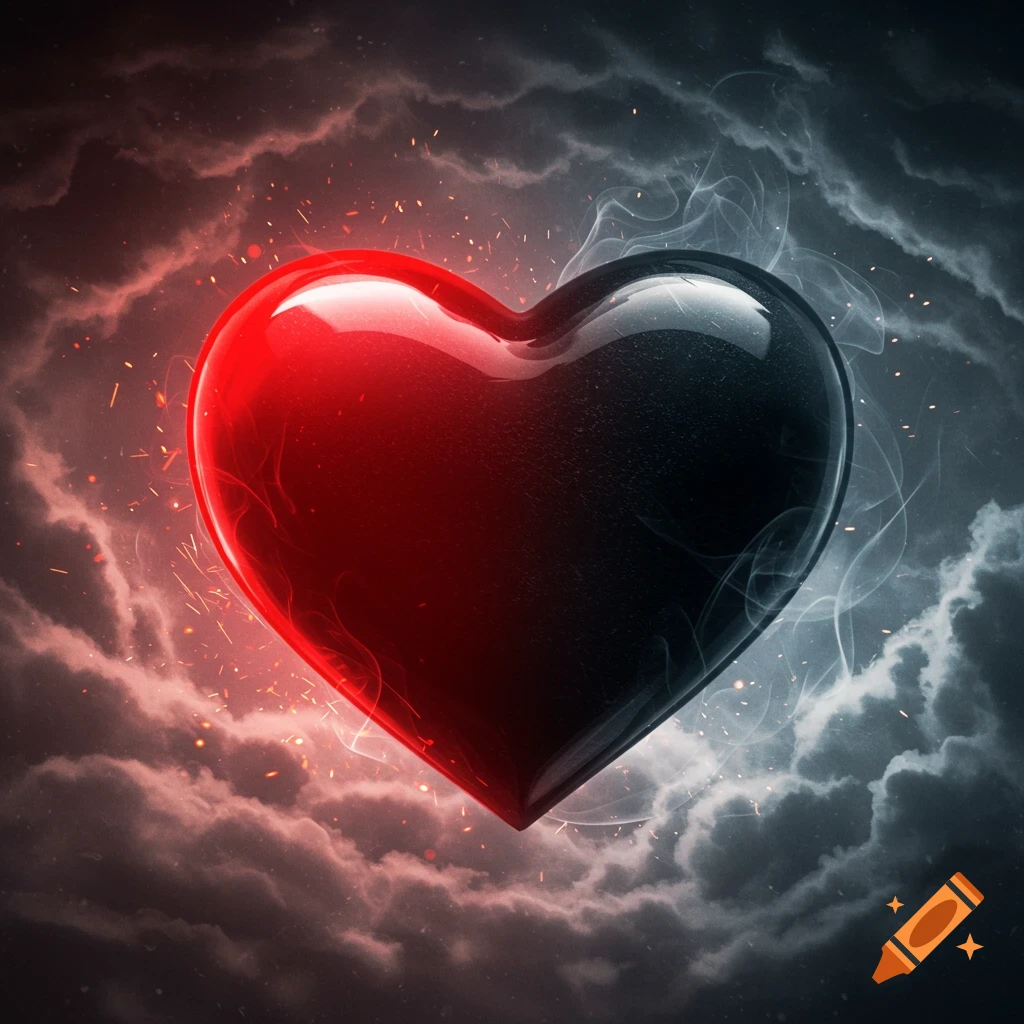 A glossy heart, half glowing red with sparks and half dark black with smoke, set against a stormy sky.