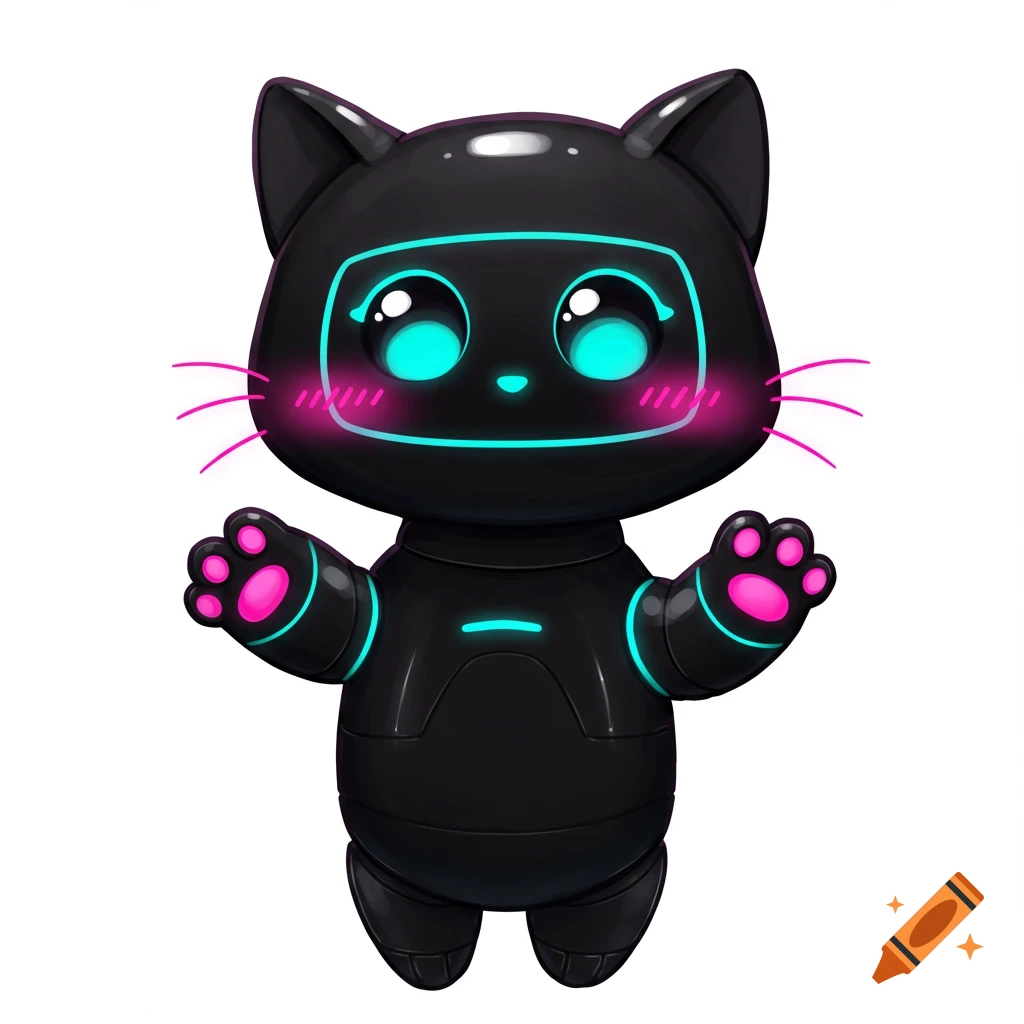 A cute black cartoon robot cat with glowing blue eyes, pink cheeks, and glowing blue and pink accents.