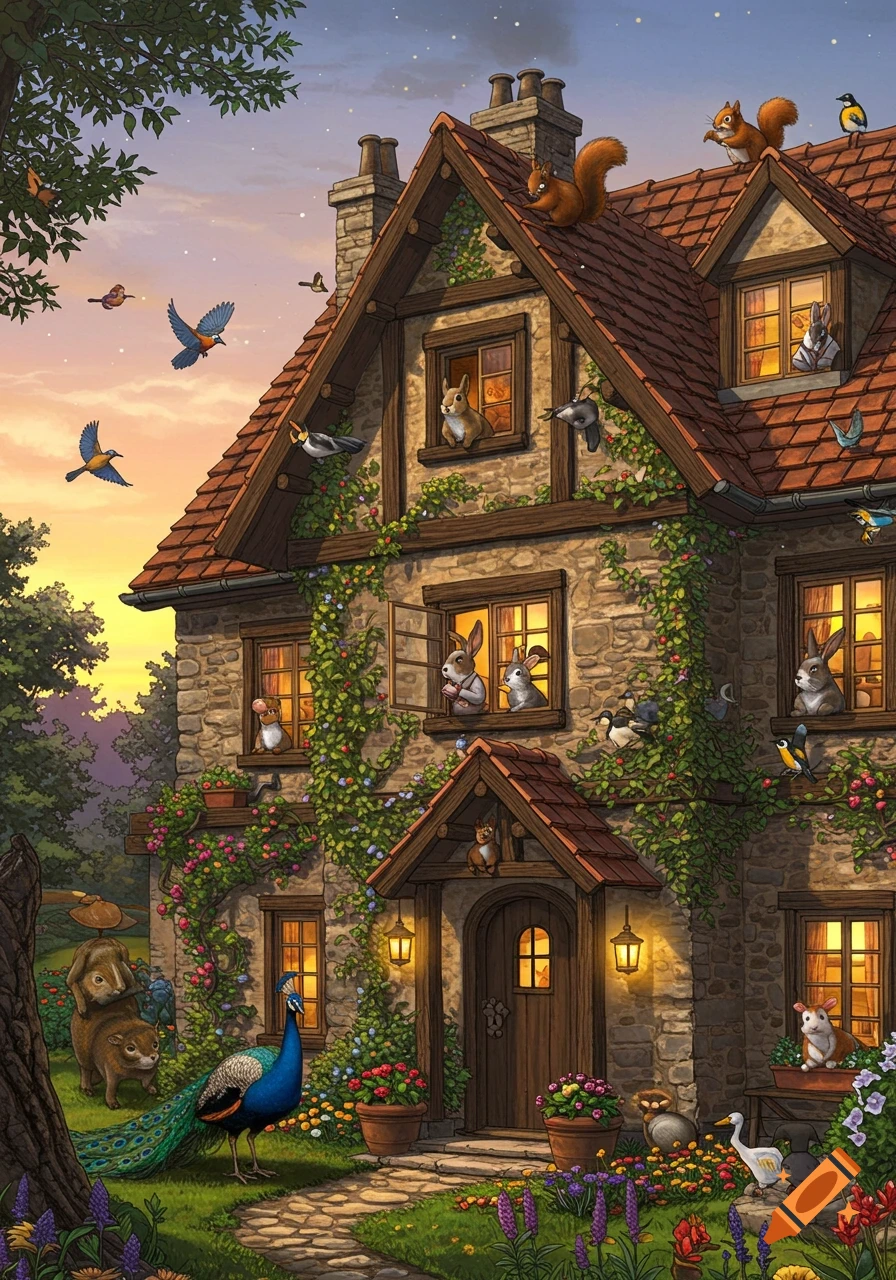 A whimsical storybook illustration of a cozy stone cottage covered in vines, with many animals peeking from windows and roaming the garden at sunset.