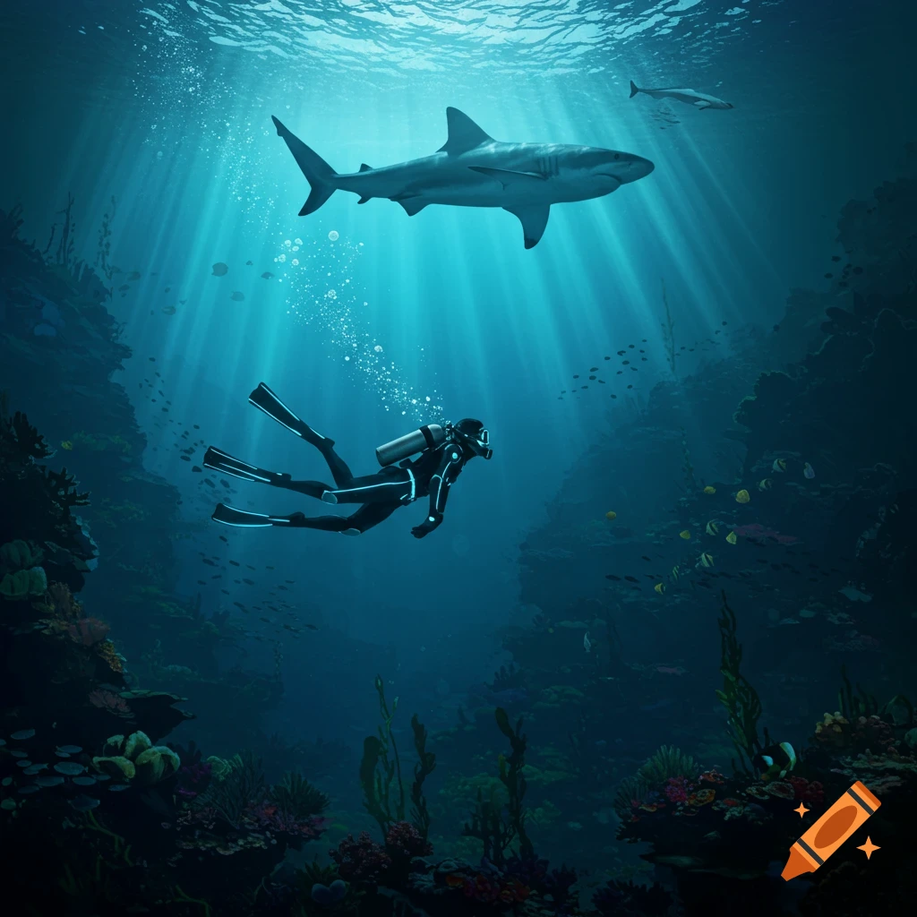A photorealistic image of a scuba diver swimming near a shark in a sunlit ocean with a vibrant coral reef.