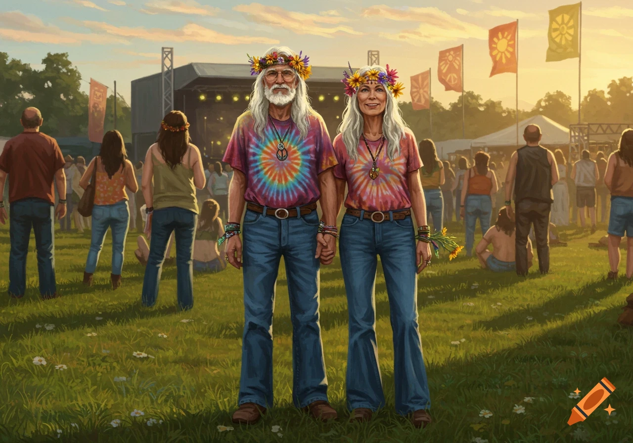 An older hippie couple in tie-dye and flower crowns holds hands at a sunny outdoor music festival, with a stage and crowd in the background.