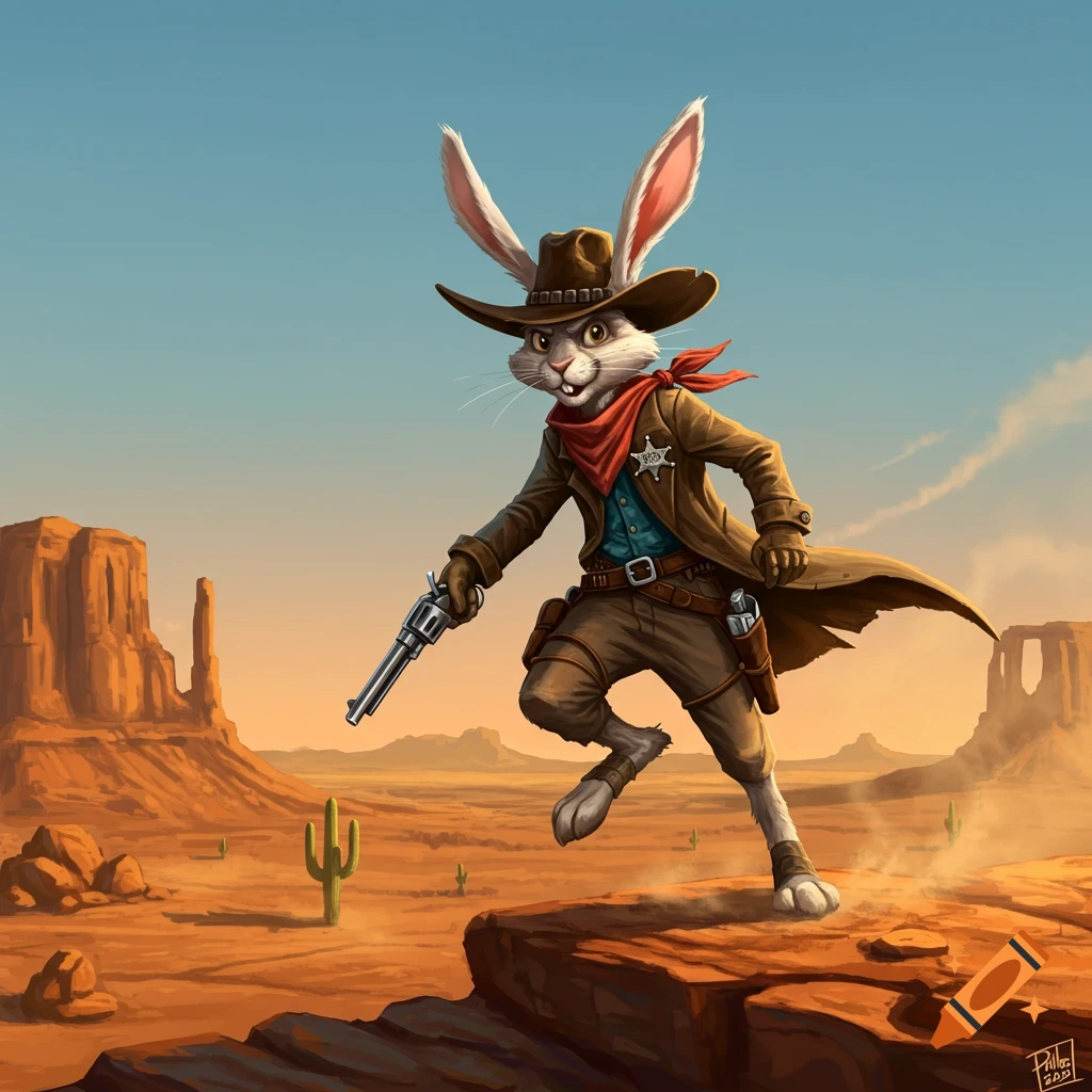A cartoon rabbit dressed as a cowboy, holding a revolver, runs across a rocky desert landscape with mesas and saguaros under a blue sky.