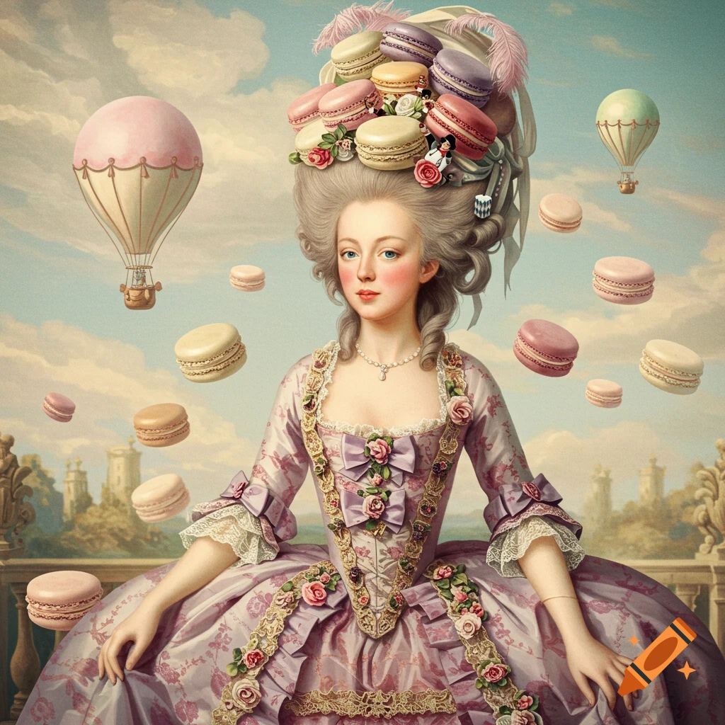 A rococo portrait of Marie Antoinette in a purple gown, her towering hair adorned with macarons, as macarons and hot air balloons float in a pastel sky.