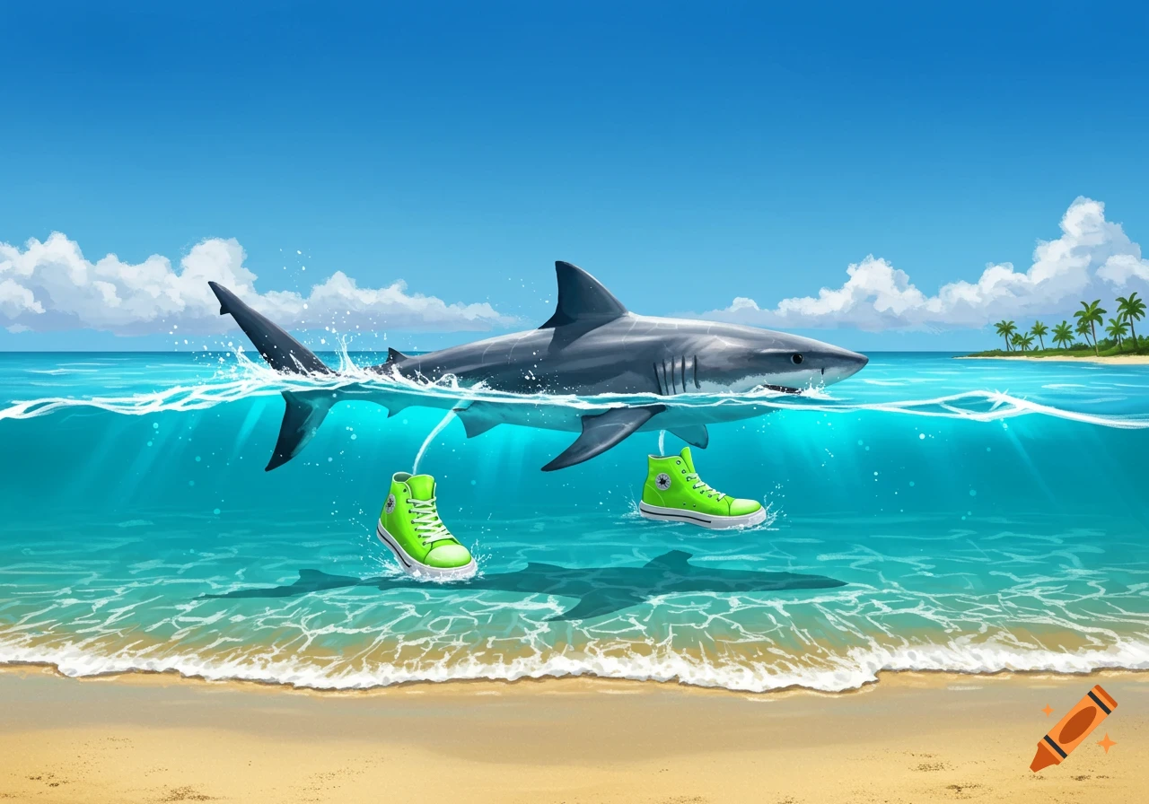 A cartoon shark swims in clear blue ocean water near a sandy beach, with two bright green sneakers floating beside it.