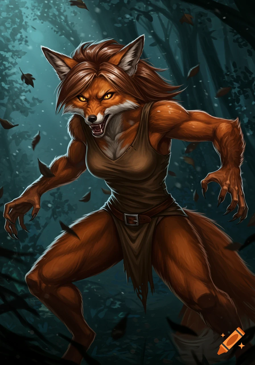 Angry muscular female werefox with glowing eyes and bared fangs in a dark forest, digital illustration.