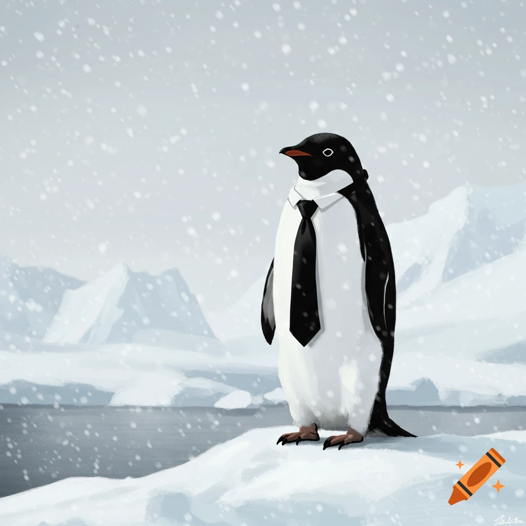 An illustration of a black and white penguin wearing a black tie, standing in a snowy landscape with mountains in the background.