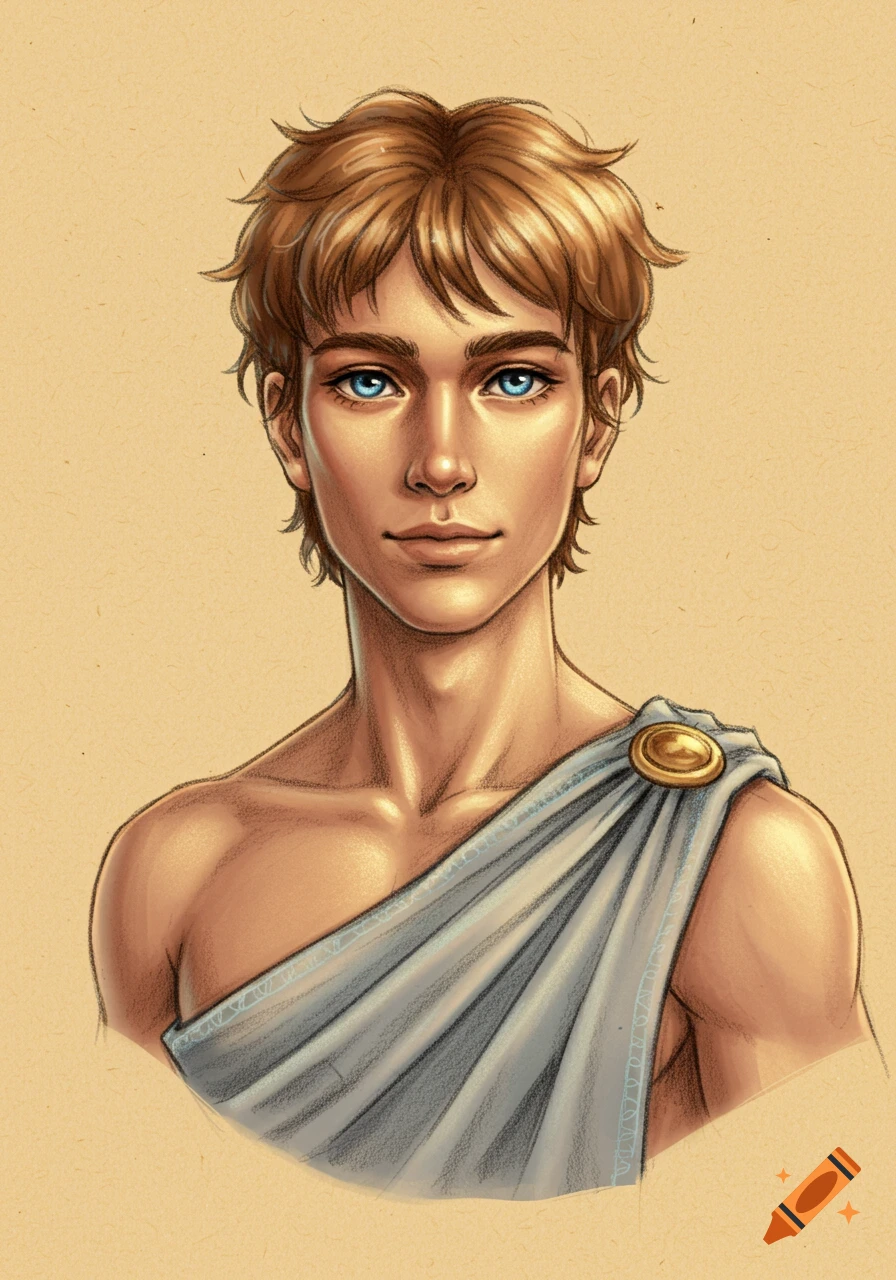 Semi-realistic charcoal sketch of a young man, Shad Lykos, with bronze skin, wavy brown hair, blue eyes, wearing blue-gray linen, on parchment background.