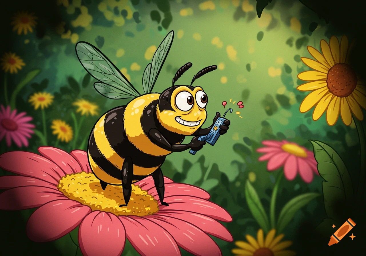A smiling cartoon bee with human-like features stands on a pink flower, holding and tinkering with a small blue device in a vibrant garden.