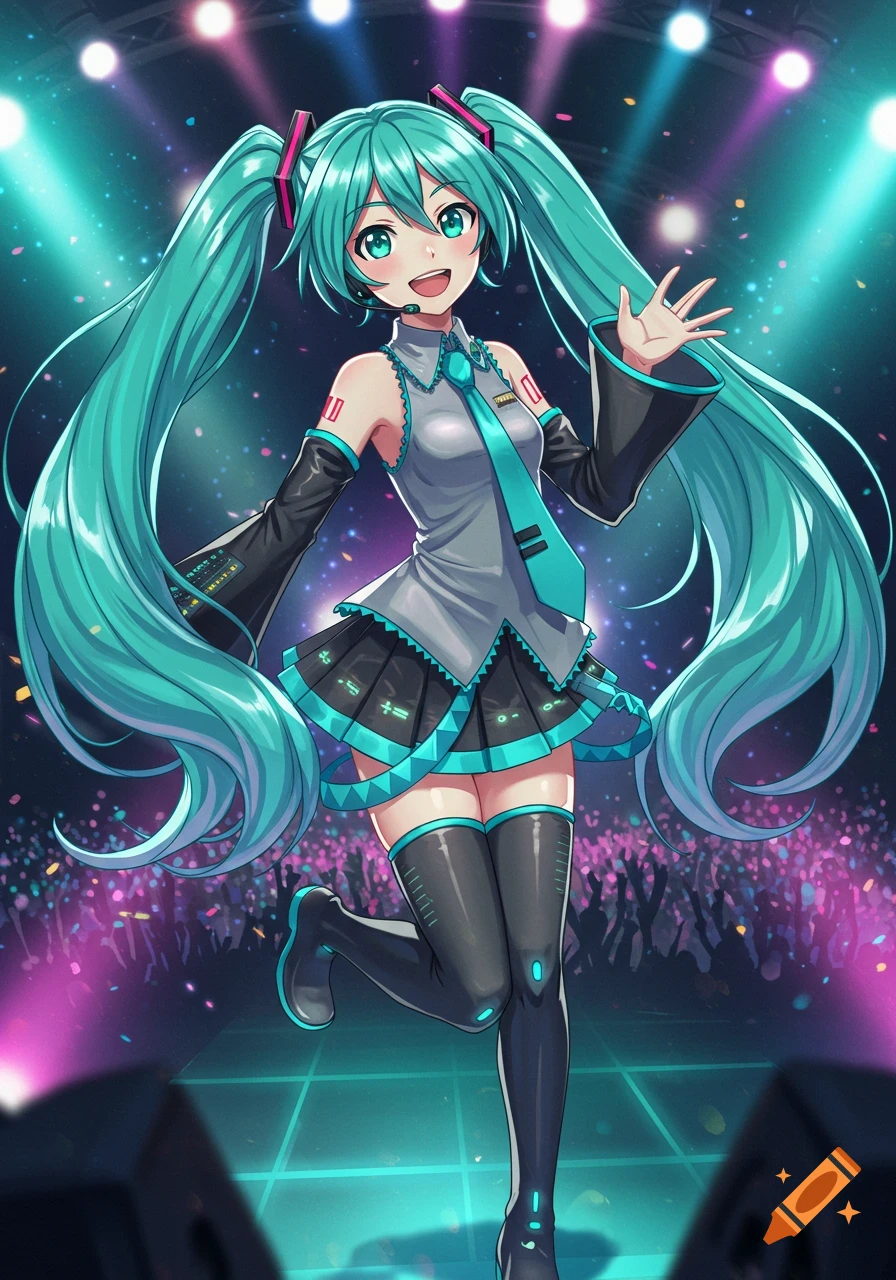 Hatsune Miku, a teal-haired anime idol, sings on stage with a cheering crowd, confetti, and bright lights.