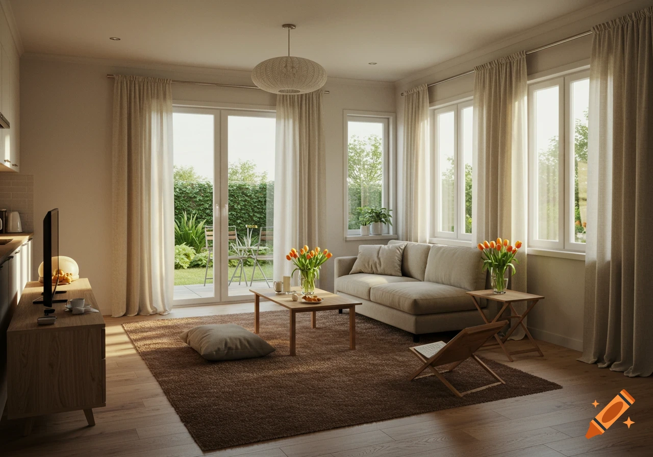 Photorealistic image of a cozy living room with a beige sofa, wooden coffee table with tulips, and large windows looking out to a green garden.