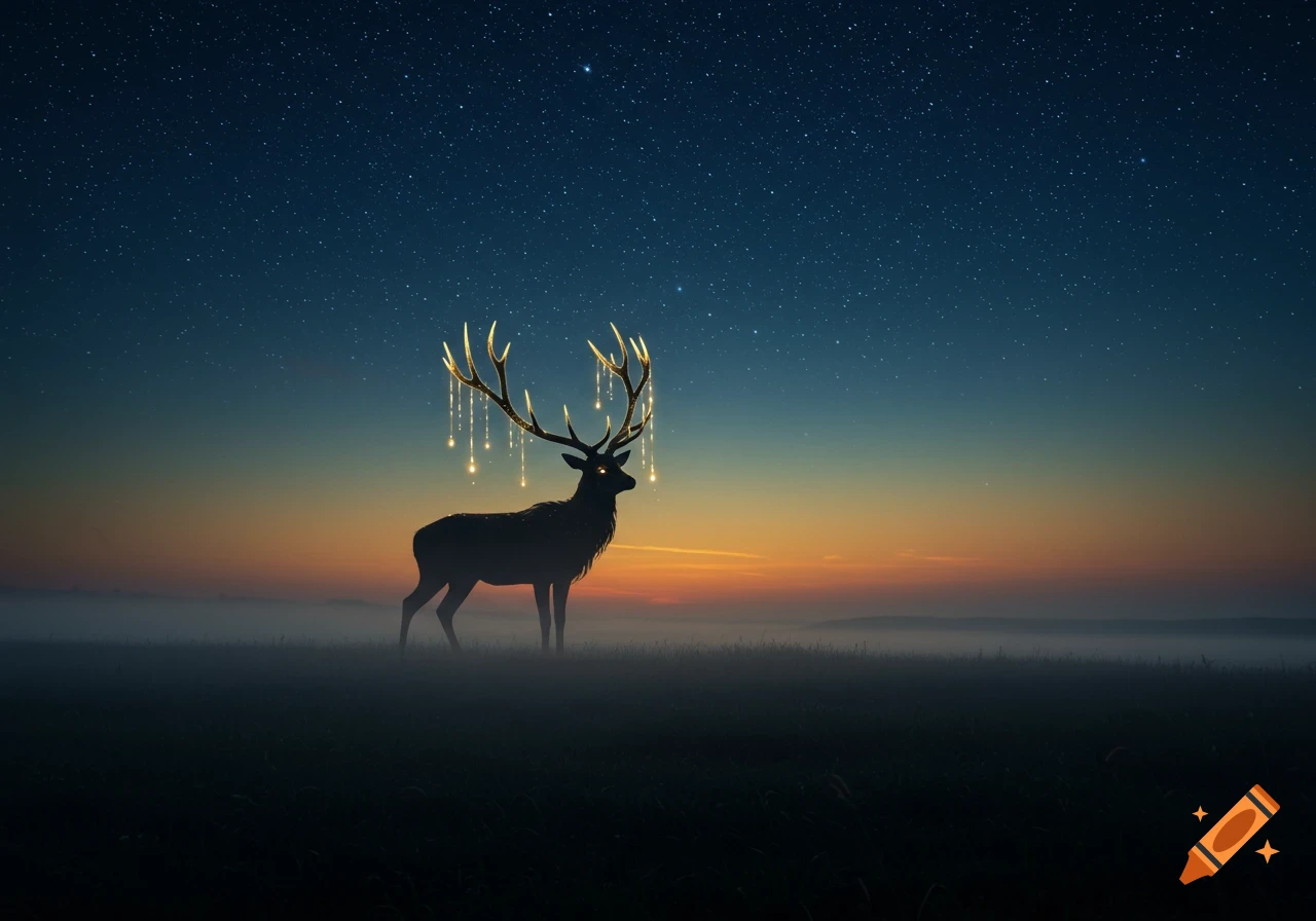 Silhouetted deer with glowing antlers dripping golden light stands in a misty field at dusk under a starry night sky.