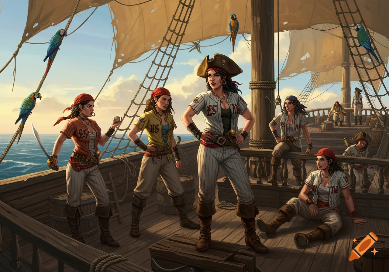 A crew of female pirates in baseball uniforms pose on the deck of a sailing ship with parrots on the rigging, in an artistic style.