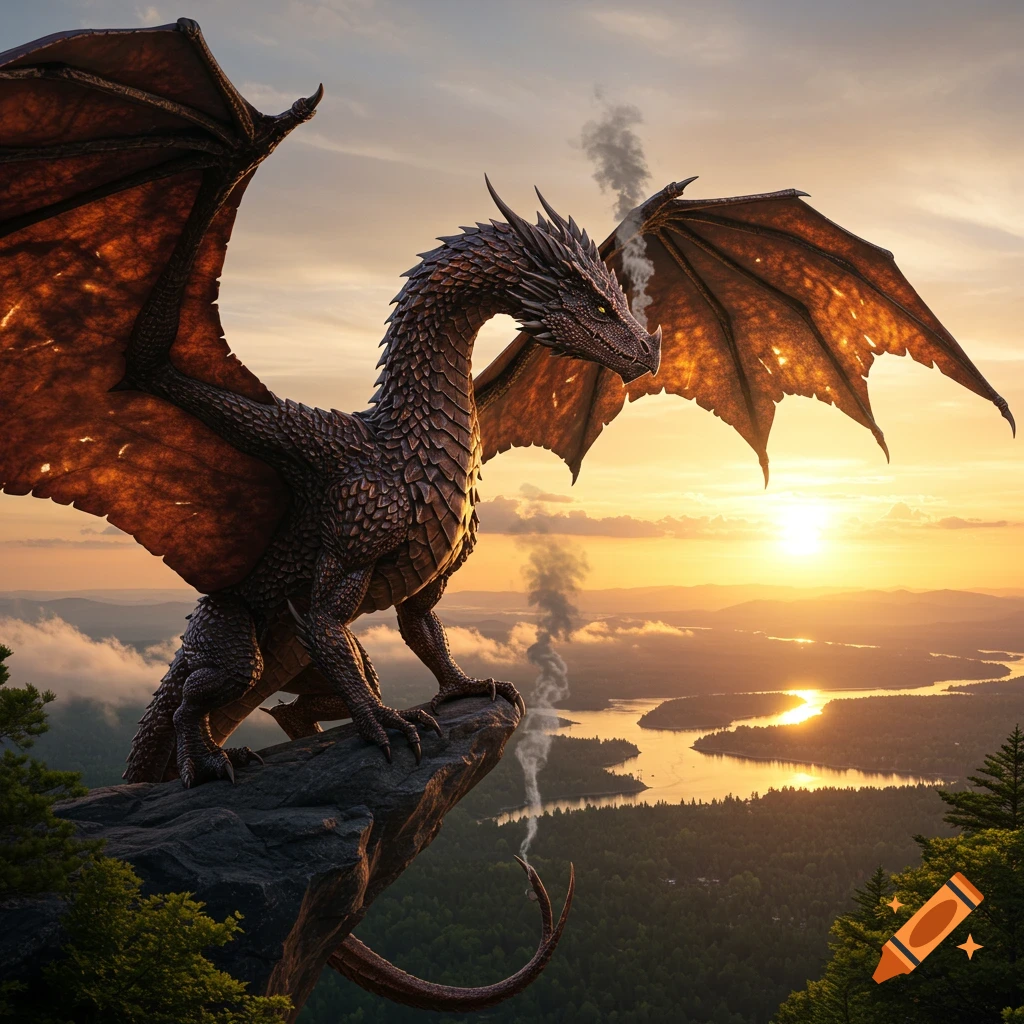 A realistic dragon perches on a cliff with spread wings, overlooking a sunlit valley with a river at sunset.