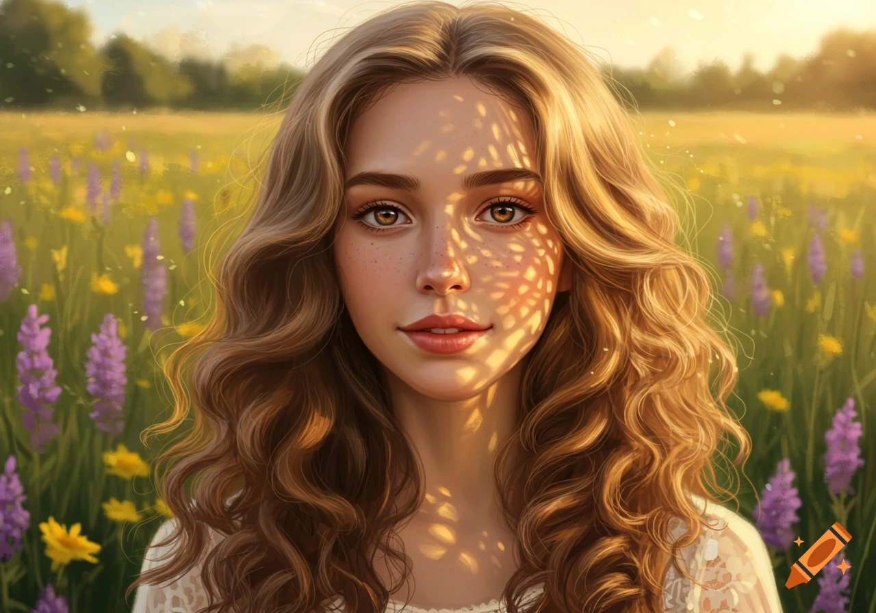 A young woman with long wavy brown-blonde hair and freckles in a sunny field of purple and yellow wildflowers, dappled sunlight on her face.