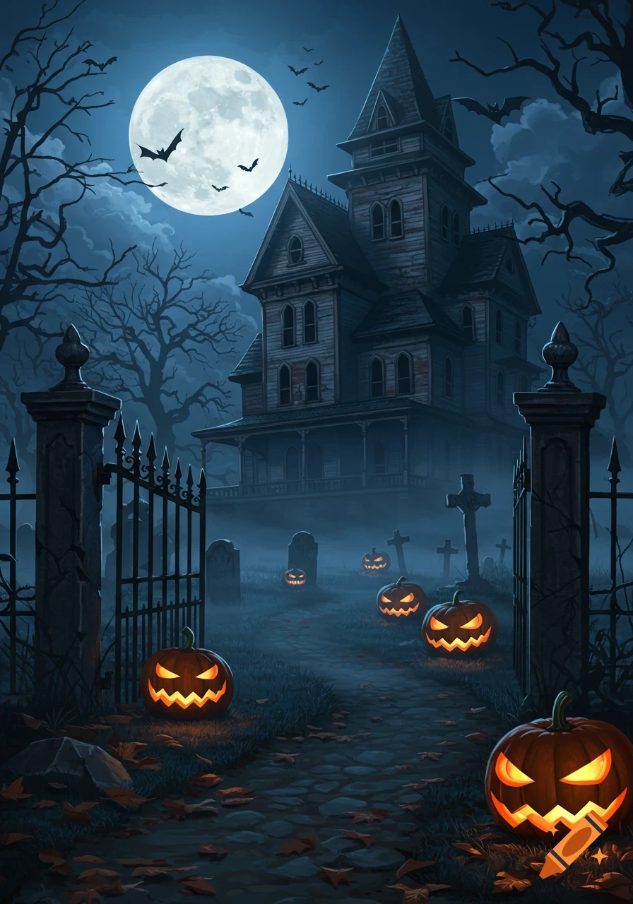 A spooky haunted house and graveyard with glowing jack-o'-lanterns along a path under a full moon with bats flying.