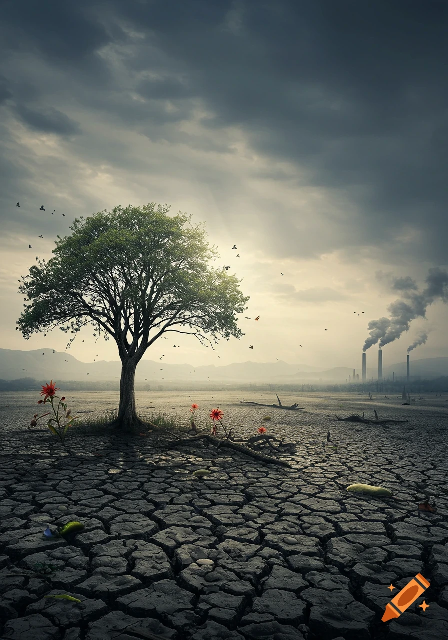 A lone green tree stands in a parched, cracked desert with smoking factory chimneys in the background under a cloudy sky.