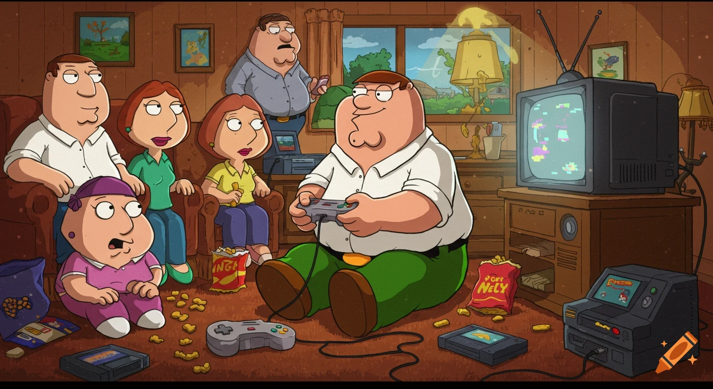 The Family Guy characters, Peter, Lois, Meg, Chris, and Stewie, playing retro video games in their living room. Peter plays a console game while others watch. It's a cartoon style.