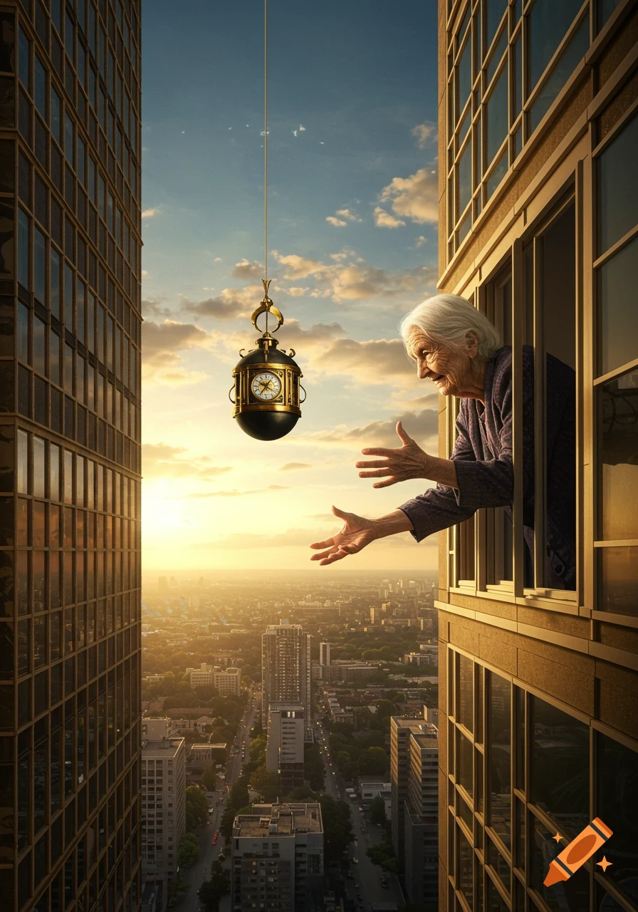 Elderly woman reaching from a skyscraper window for an ornate clock suspended in the air above a city at sunset.