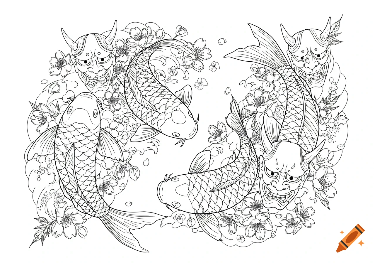 Black and white line art of two large koi fish, two smaller koi, cherry blossoms, and four hannya masks, intertwined in a Japanese tattoo style design.