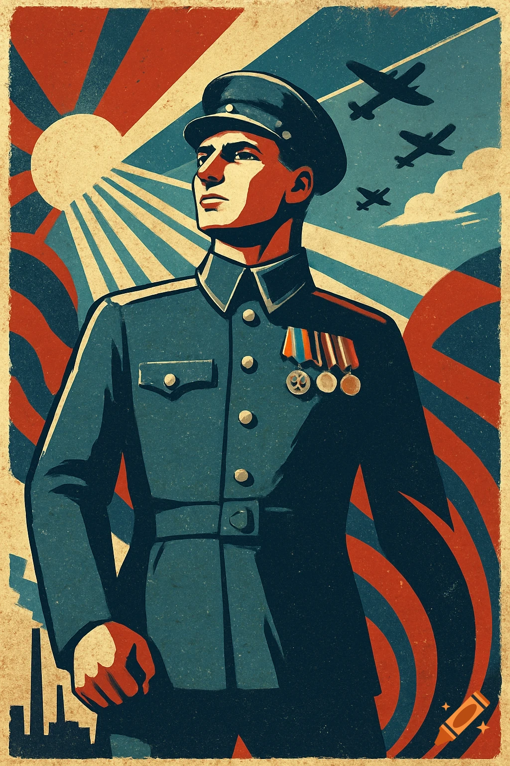 Vintage propaganda poster of a man in a military uniform with medals, looking up, against a backdrop of sunburst rays, airplanes, and industrial silhouettes.