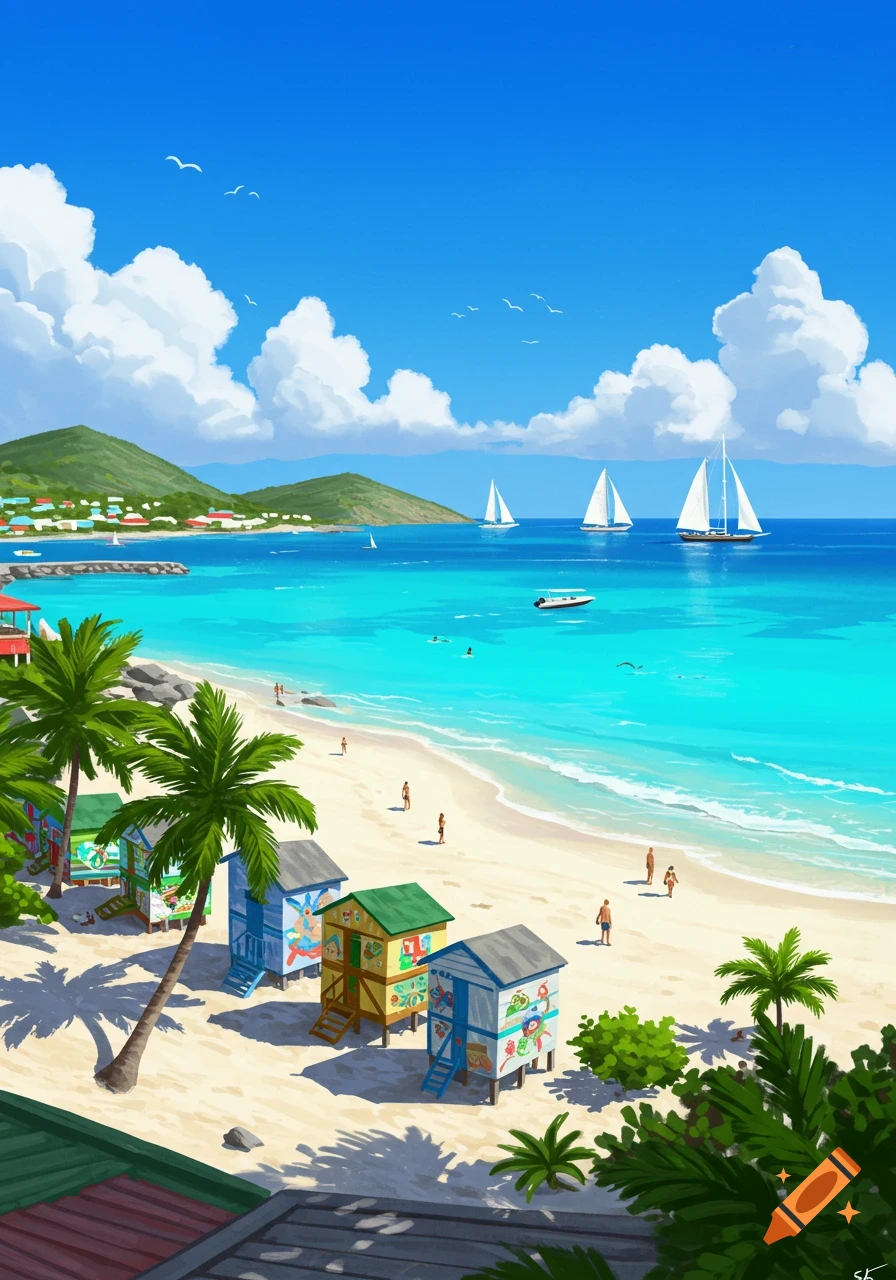Vibrant illustration of a sunny tropical beach with colorful huts, palm trees, people, and sailboats on turquoise water.