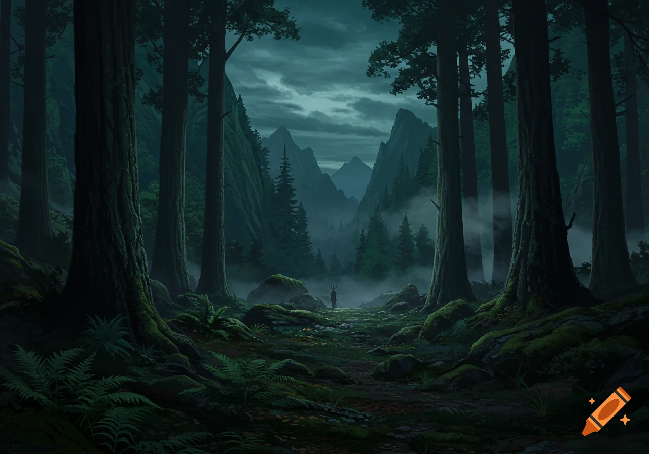 Dark, misty forest in a deep mountain valley, with tall trees and a small silhouetted figure, in a stylized art style.