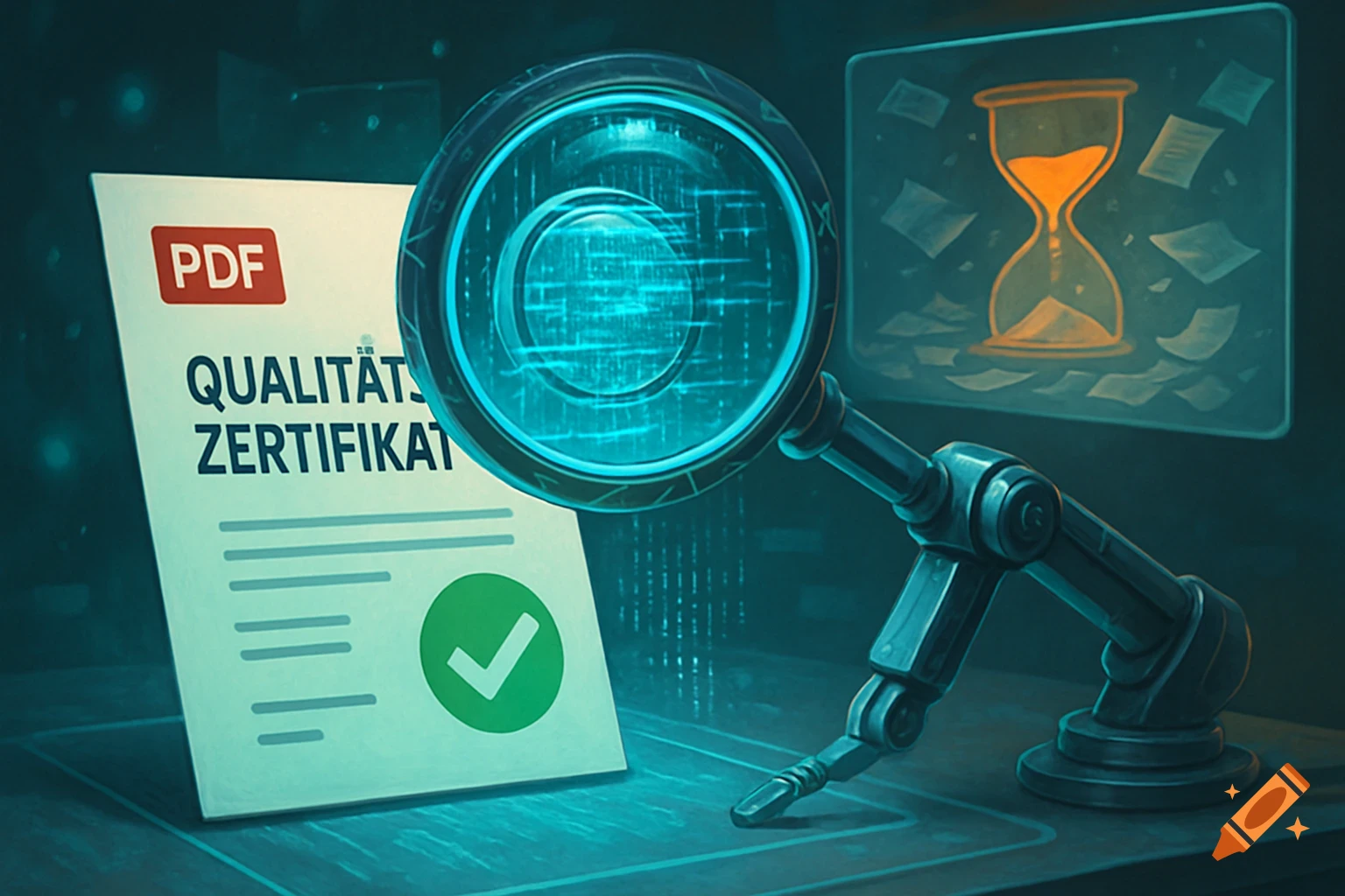 A futuristic scene of a document labeled 'PDF Qualitätszertifikat' being analyzed by a robotic magnifying glass, with an hourglass in the background.