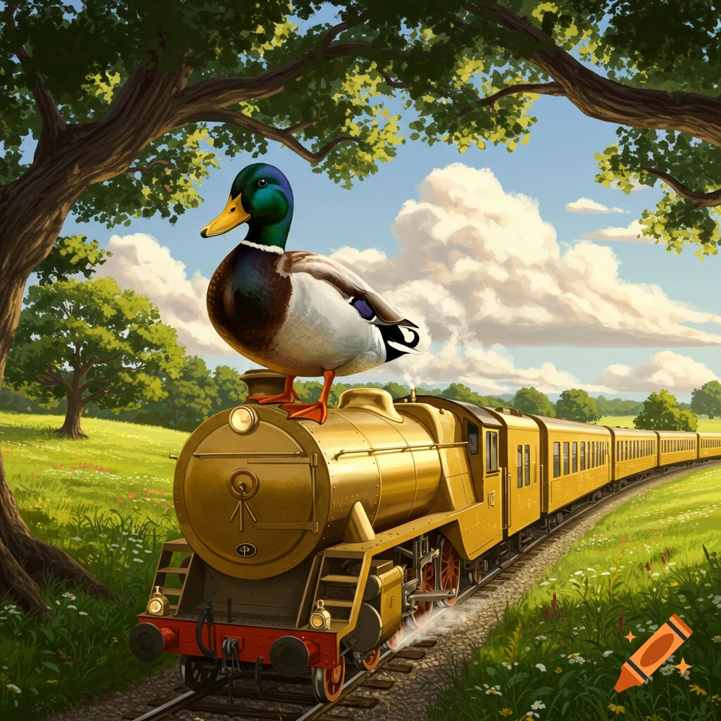 A mallard duck stands atop a shiny golden train traveling through a lush green field under a blue sky.