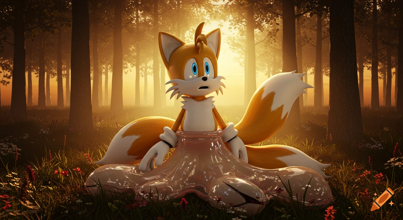 Tails the fox with a slimy, barnacle-like lower half sits in a golden lit forest at sunset.