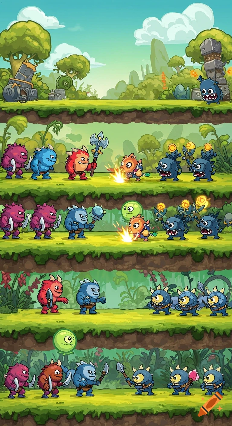 Cartoon game concept art with multiple layers showing colorful monsters battling small blue enemies in a lush landscape.