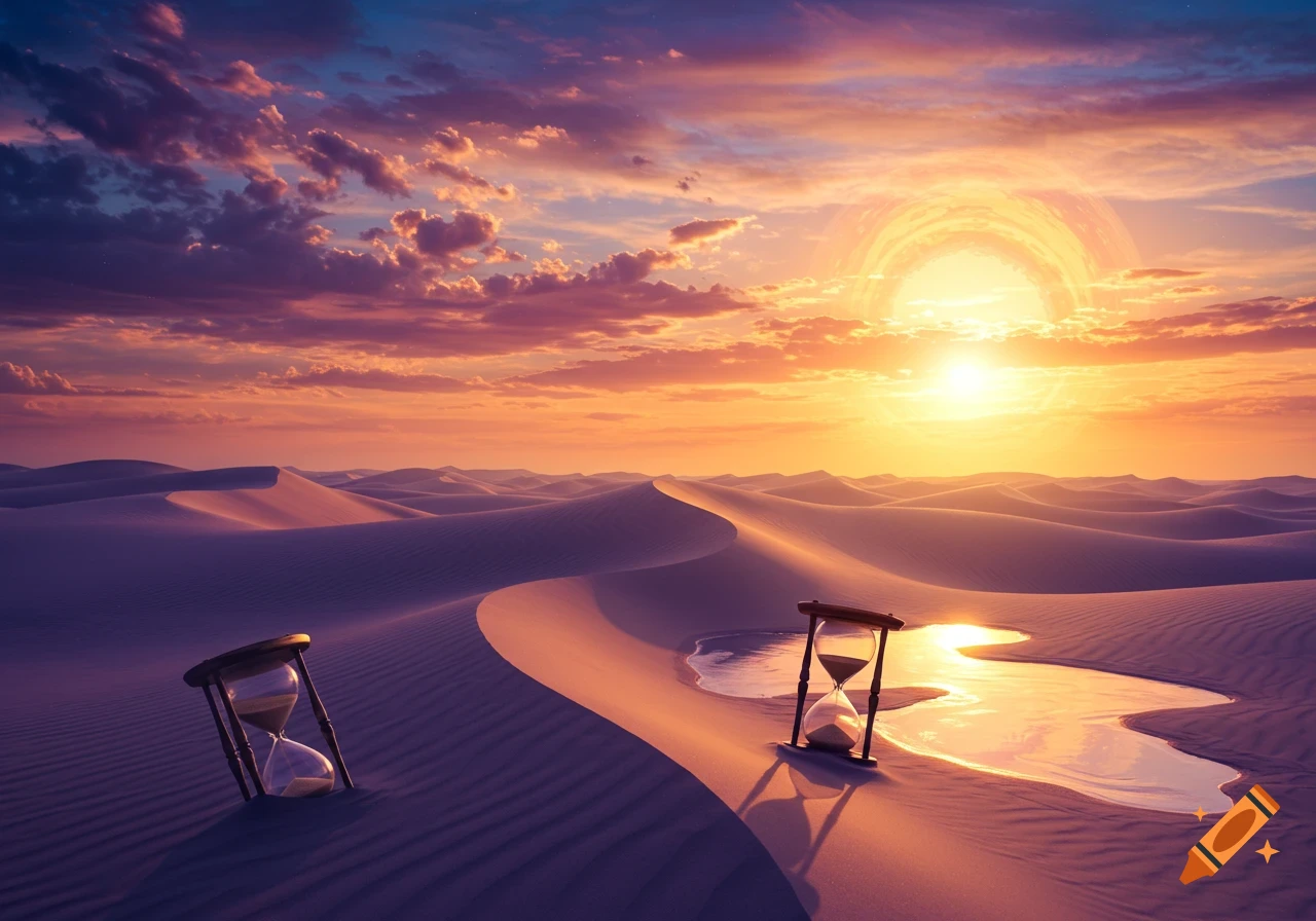 A surreal desert landscape at sunrise with two hourglasses on the sand under a vibrant sky with a ringed sun.