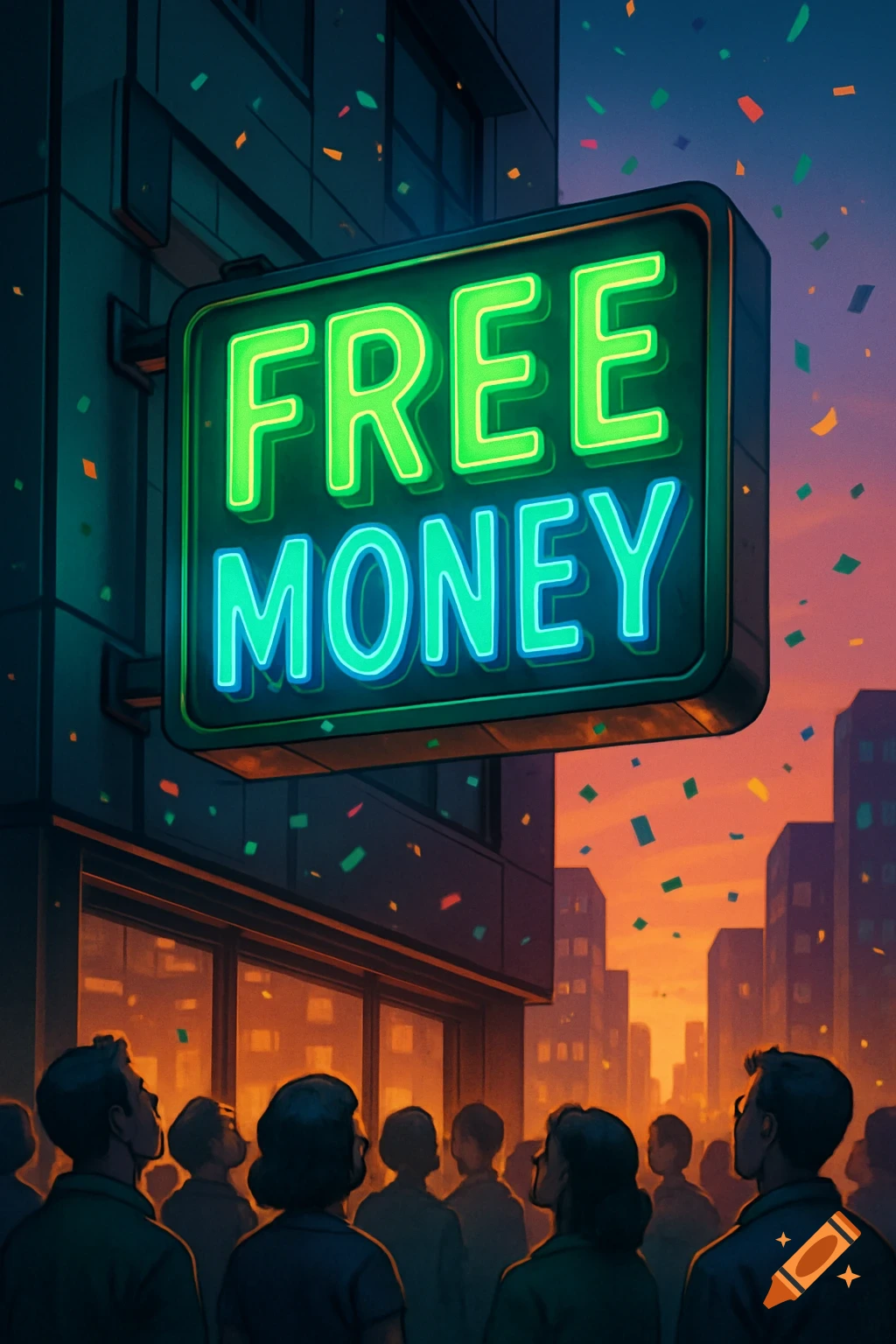 A crowd of people looks up at a glowing neon sign that reads 'FREE MONEY' in a stylized urban scene at dusk with confetti.