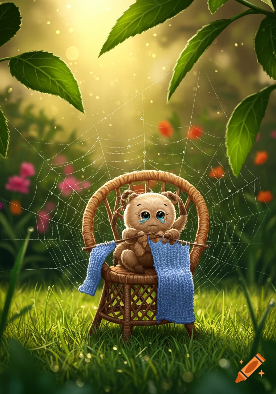 A cute, fluffy cartoon spider with big sad eyes sits on a wicker chair knitting a blue scarf in a bright, dewy garden with a spiderweb.