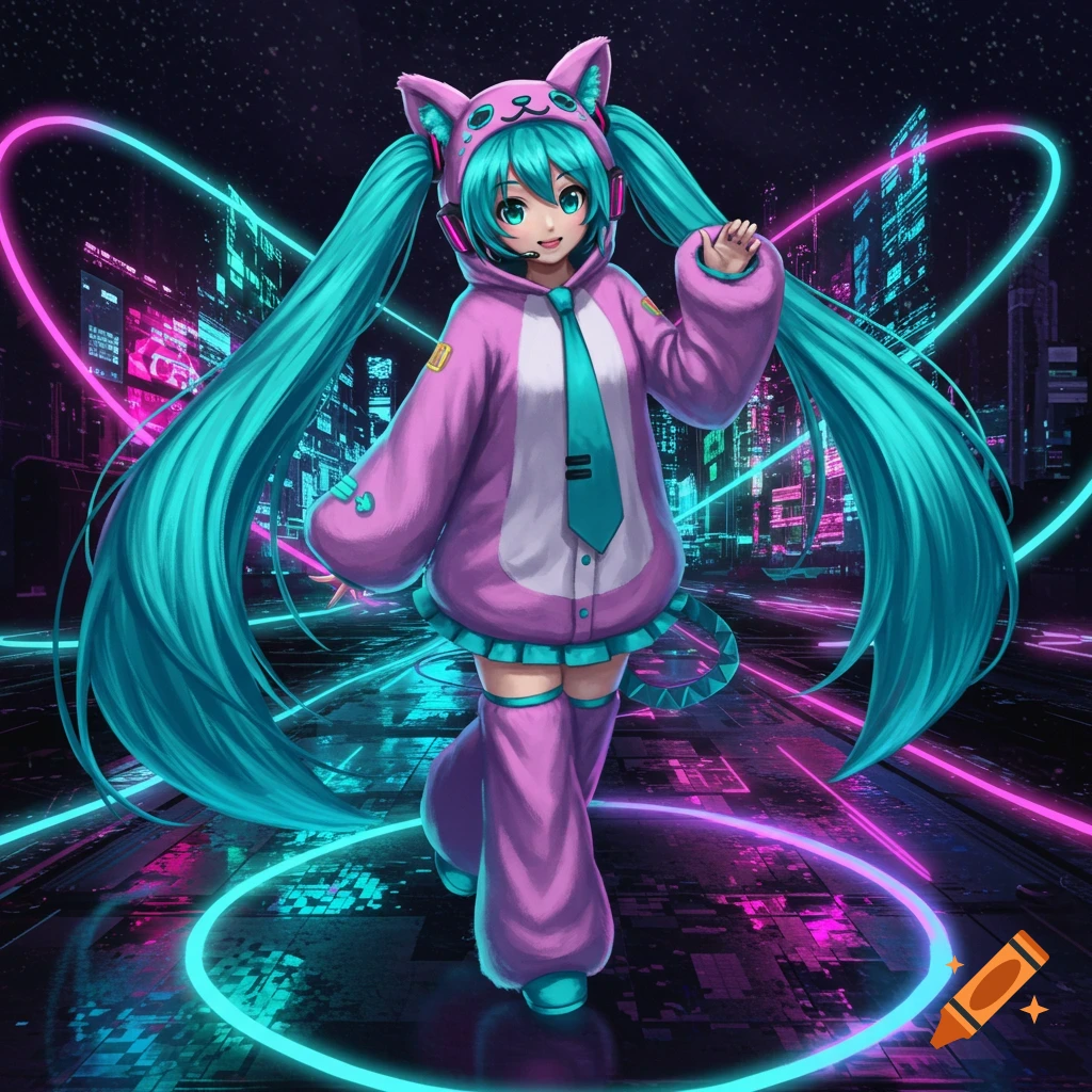 Hatsune Miku in a pink cat kigurumi with teal pigtails walks in a neon-lit cyberpunk city.