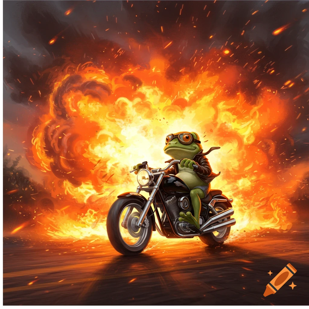 A cool frog wearing goggles and a leather jacket rides a motorcycle out of a huge, fiery explosion.