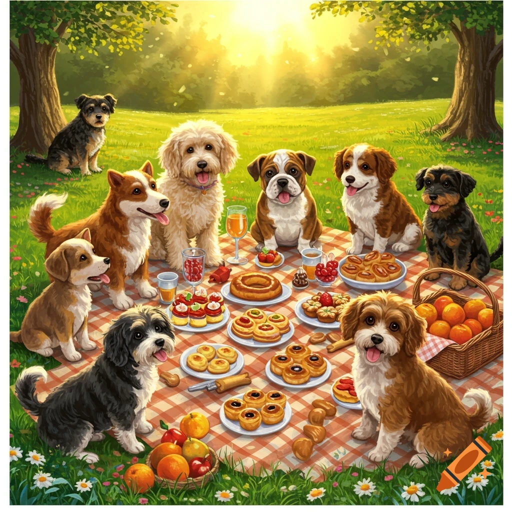 An illustration of many cute dogs having a picnic with pastries and fruits on a checkered blanket in a sunny park.
