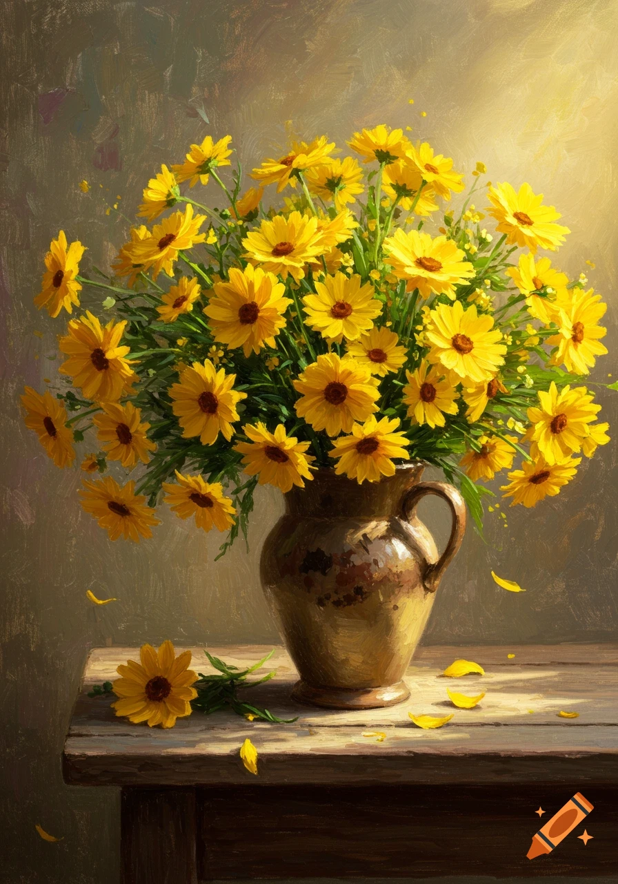 Oil painting of a rustic vase overflowing with bright yellow flowers on a wooden table, bathed in warm sunlight.