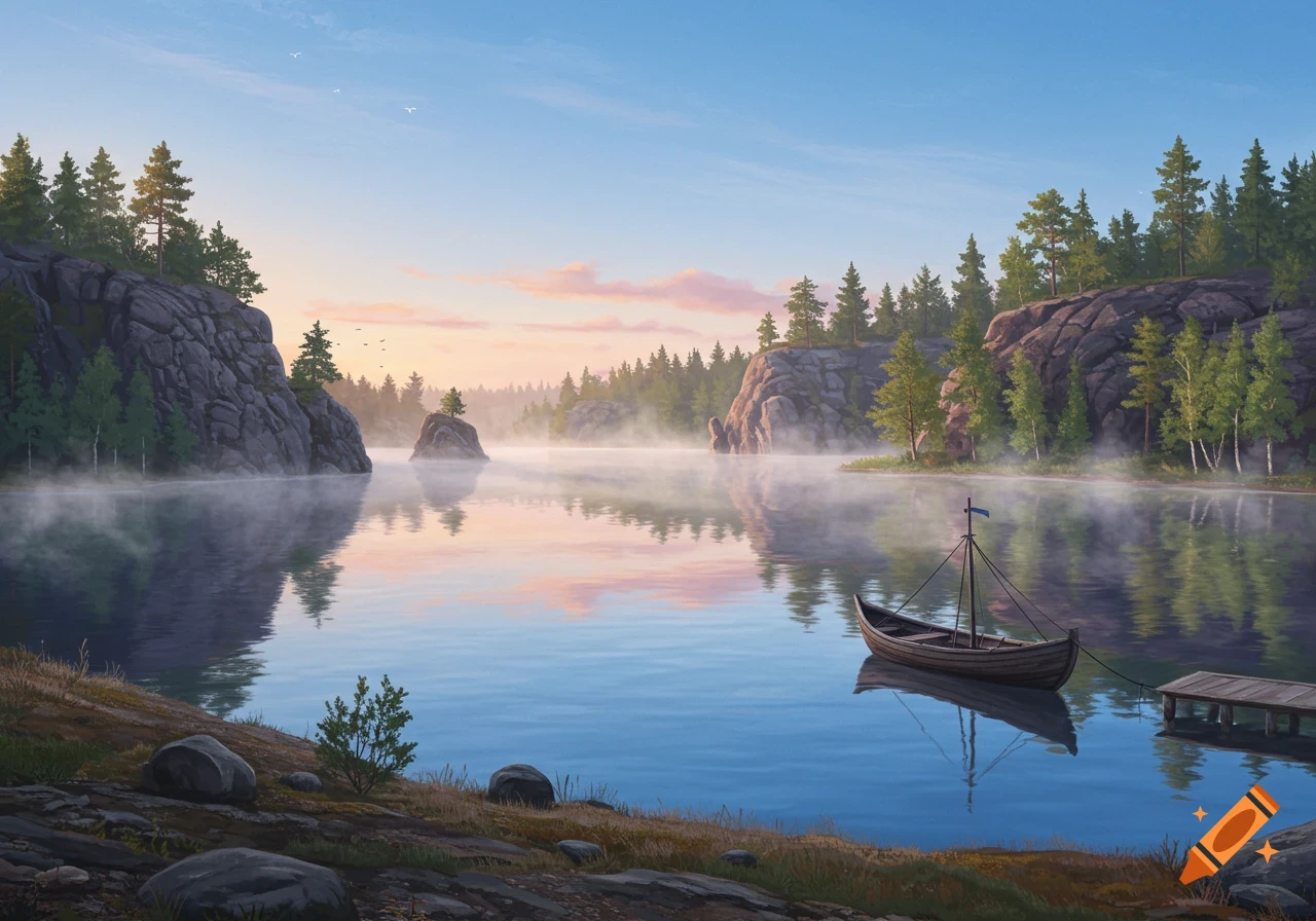 A serene morning landscape featuring a misty lake surrounded by rocky cliffs and pine forests, with a small wooden boat on the water.