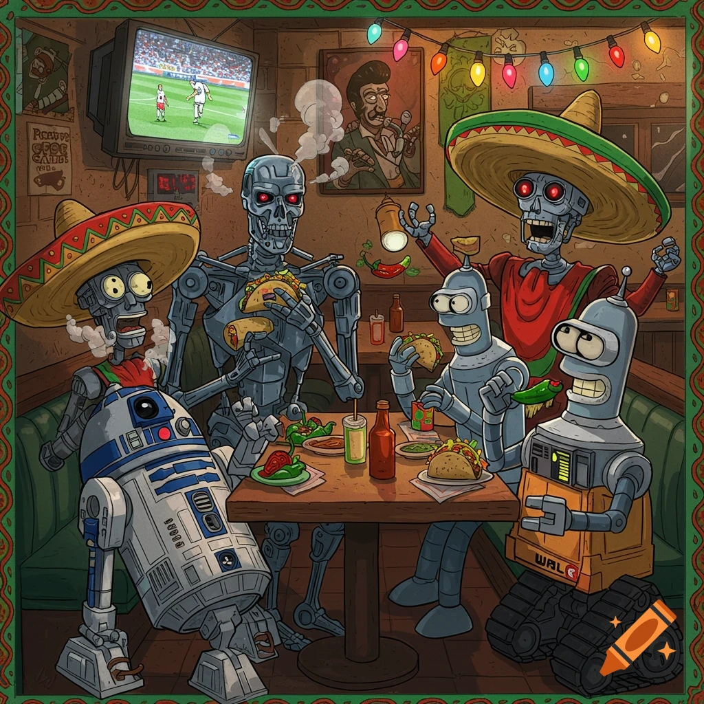 Cartoon of five famous robots (Terminator, R2-D2, Bender, WALL-E) wearing sombreros and eating tacos in a festive Mexican restaurant, with soccer on TV.