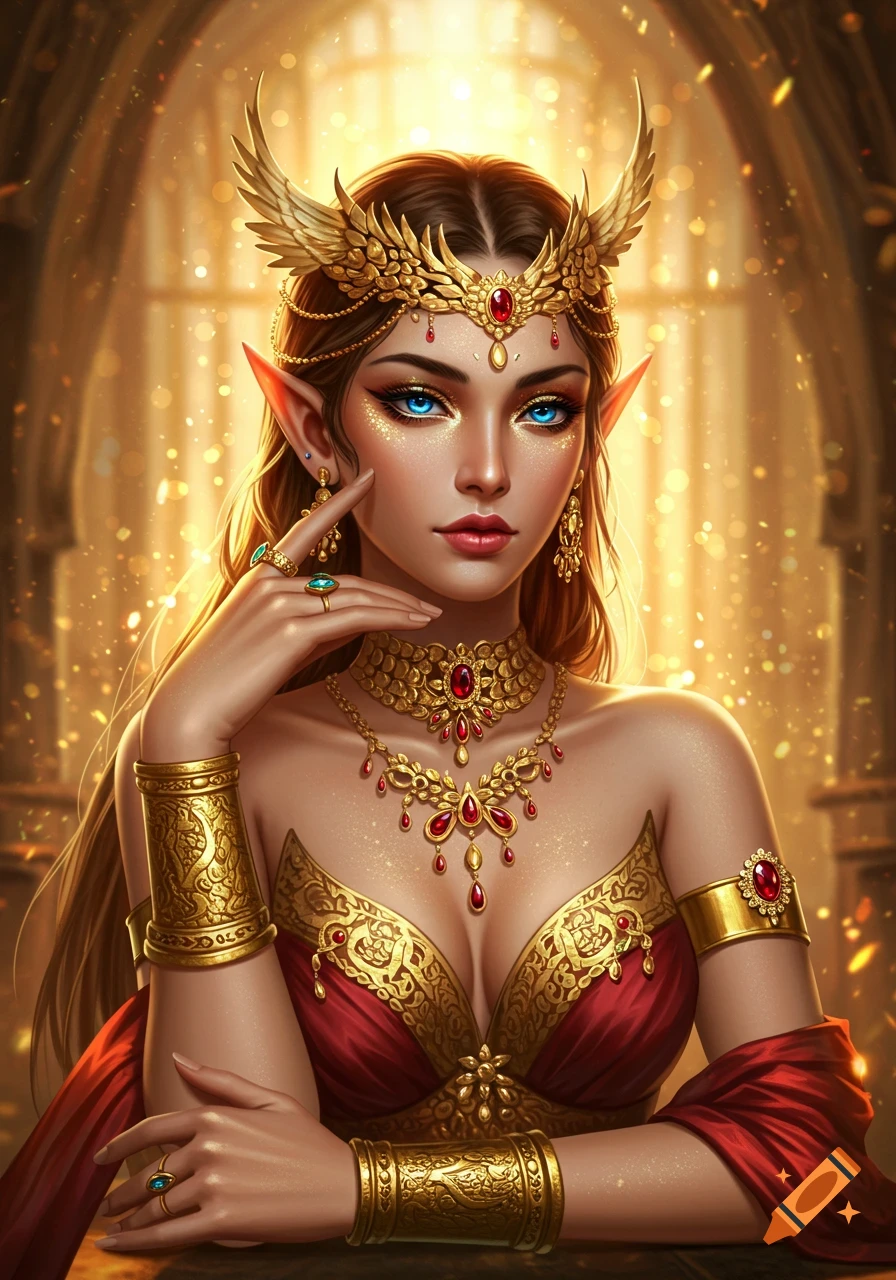 A stunning fantasy elf goddess with blue eyes, ornate golden crown and jewelry, and a red dress, bathed in a warm golden light.