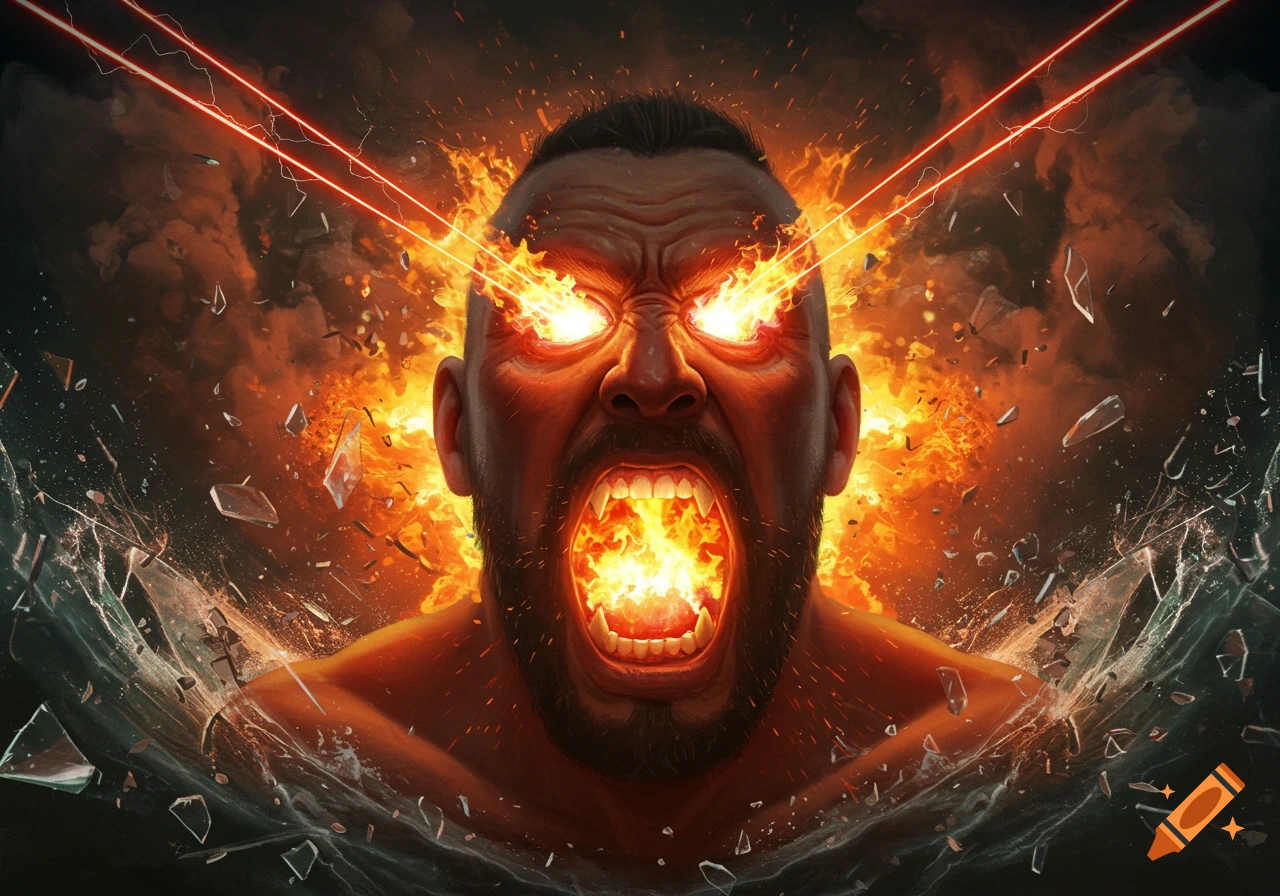 A man with glowing eyes shoots red lasers, while fire erupts from his screaming mouth, surrounded by shattered glass and flames.