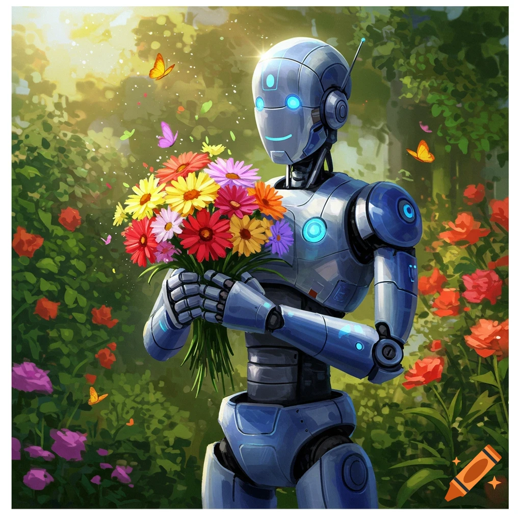 A friendly-looking robot holds a vibrant bouquet of flowers in a lush garden, digital art.