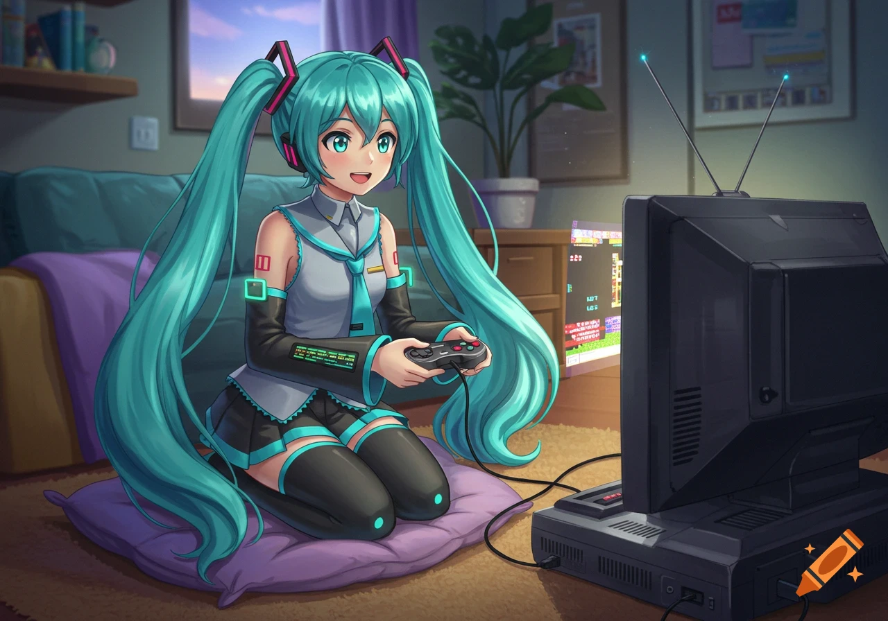 Hatsune Miku playing a Sega Genesis on a retro TV, kneeling on a purple cushion in a cozy room, anime style.