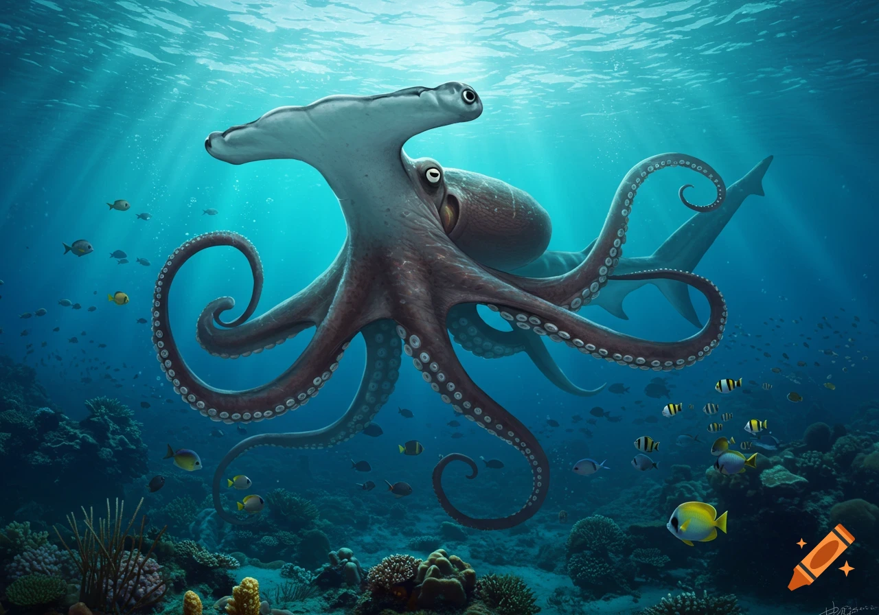A detailed illustration of a hammerhead-headed octopus swimming underwater among coral and colorful fish, with sunlight streaming down.