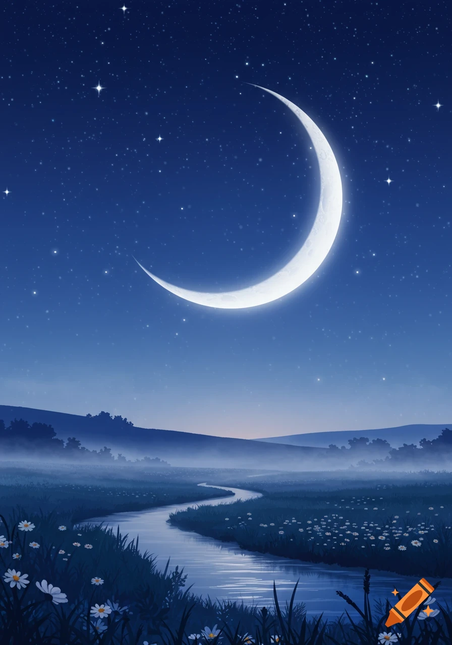 A serene night landscape with a large crescent moon, a starlit sky, a winding river, and a field of white flowers.