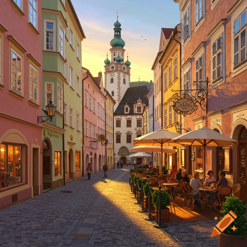 A picturesque European cobblestone street lined with colorful buildings and cafes, leading to a tall clock tower at sunset.