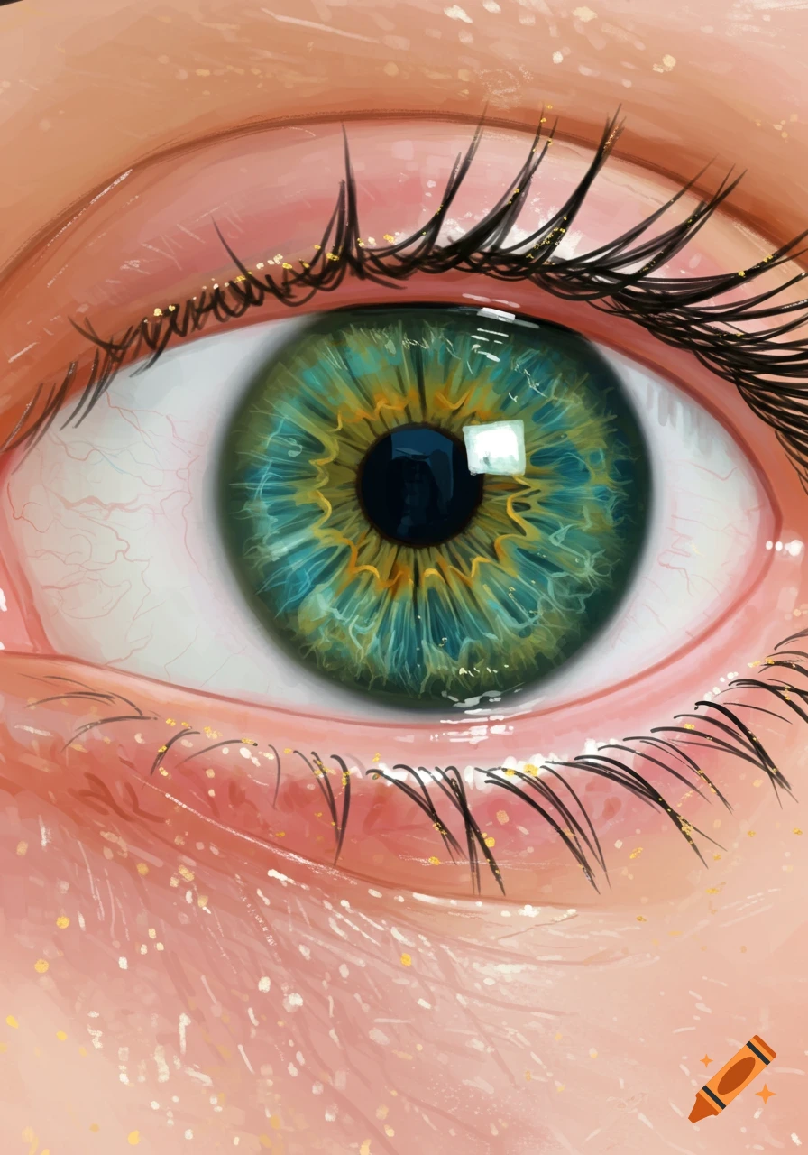 Close-up digital painting of a detailed green and blue eye with glittery flecks on the eyelids and eyelashes.